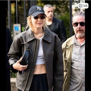 Mango oversized brown distressed leather jacket